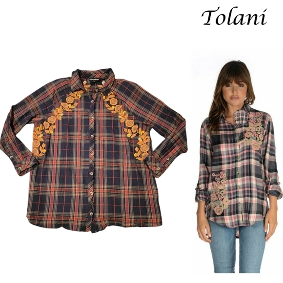 Tolani Collection Estrella Plaid w/ Embroidered Flowers Button Down Shirt XL - Picture 1 of 9